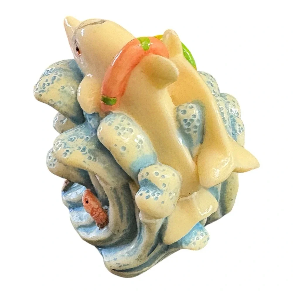 Vintage Dolphin Ceramic Trinket Box Ocean Wave Sea Shells TAI Mark Coastal Decor